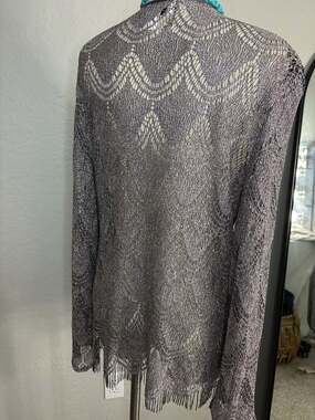 J.R. Nites by Carol Lin Metallic Silver Crochet Fringe Open Front Cardigan Top